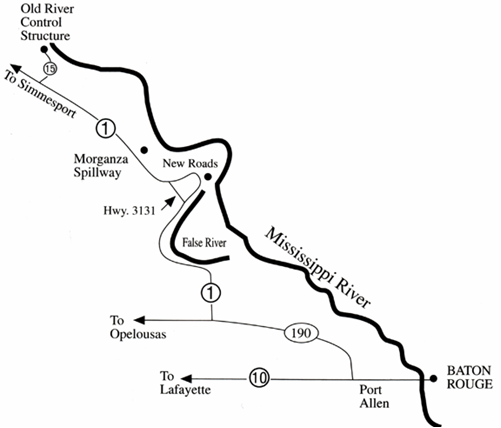 picture of Location of the Old River Control Structure and Morganza Spillway